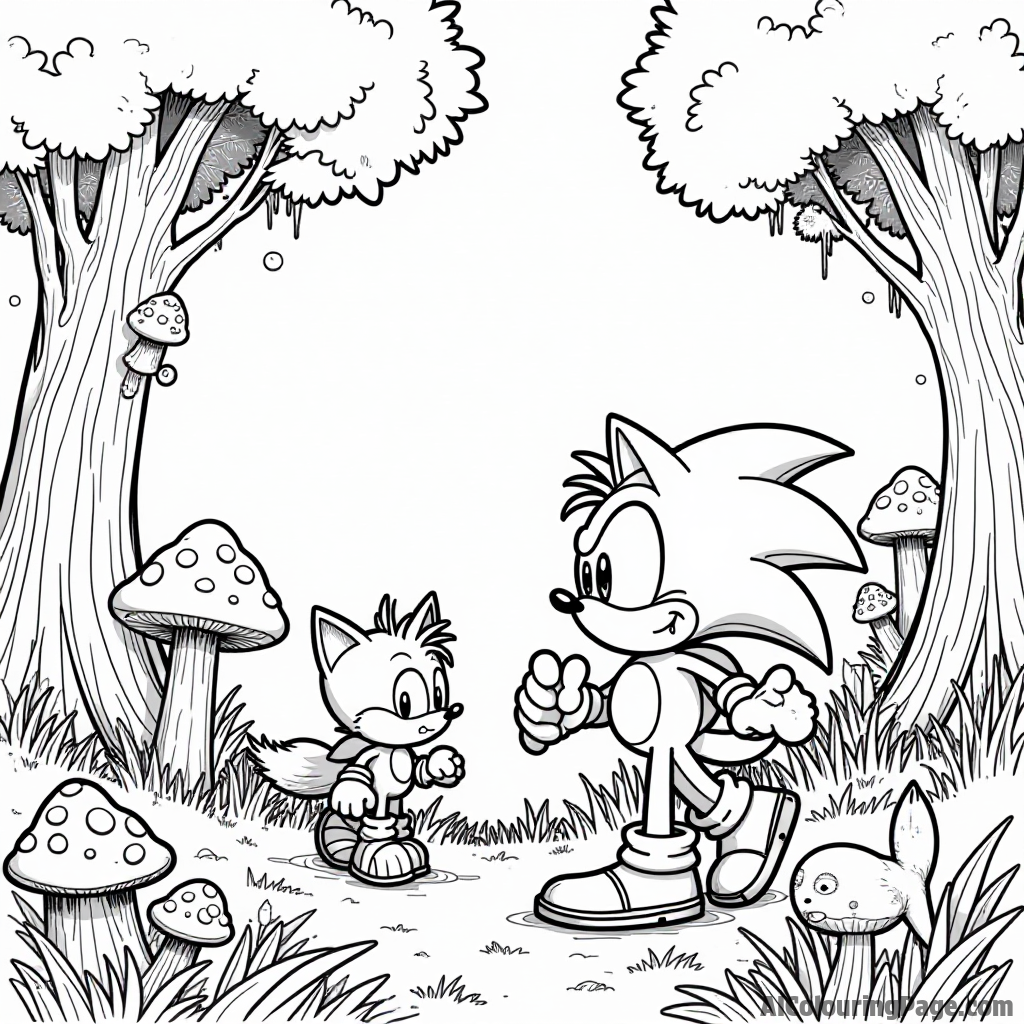 Sonic and Tails exploring a magical forest, with glowing mushrooms and friendly forest creatures peeking out from behind trees.