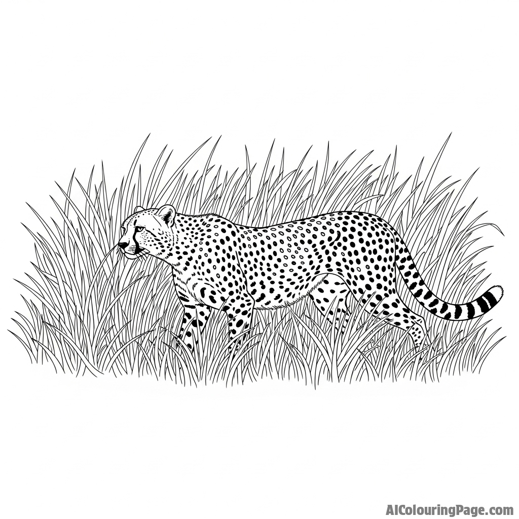 A low-angle shot of a cheetah stalking through dense, tall grass.