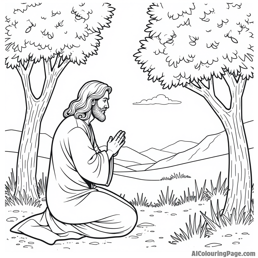 Jesus praying in the garden of Gethsemane, olive trees surrounding him, moonlight shining through the branches