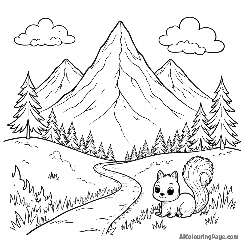 A whimsical mountain landscape with towering peaks, a winding path leading upward, and a playful squirrel peeking from behind a rock, designed for imaginative coloring adventures.