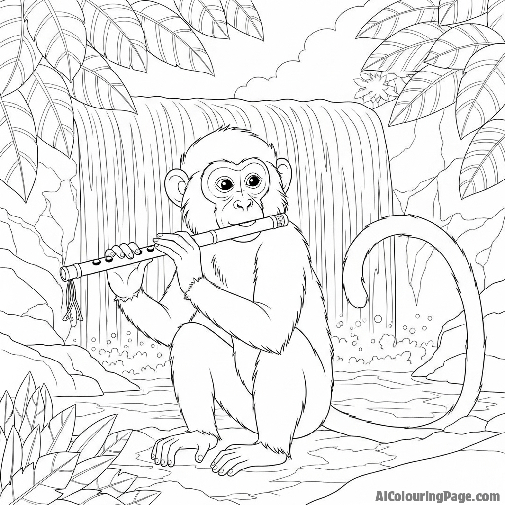 A monkey playing a small, handcrafted flute by a waterfall.