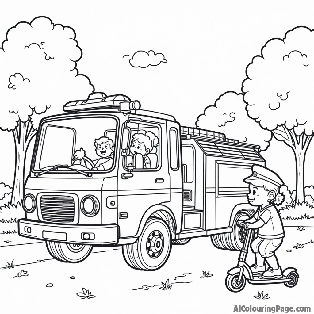 A fire truck and a police car side by side, with children playing on scooters in a sunny park, designed to encourage creativity and teamwork in coloring.