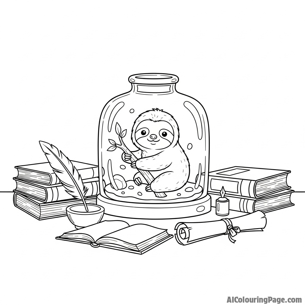 A tiny sloth living inside a glass terrarium on a scholar’s desk.