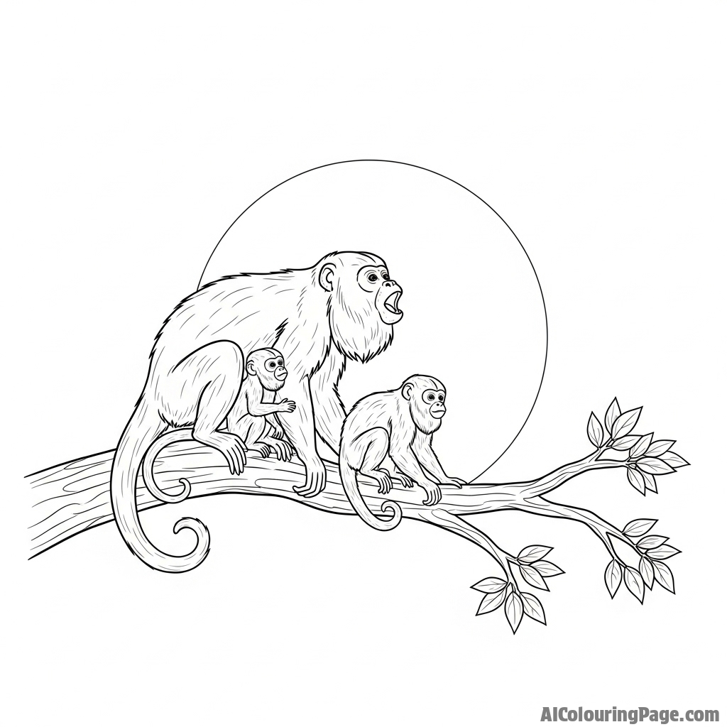 A family of howler monkeys silhouetted against a full moon.
