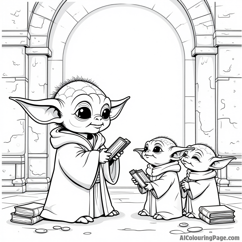 A cute Yoda teaching younglings about the Force in a serene temple, with ancient stone walls and floating books around.