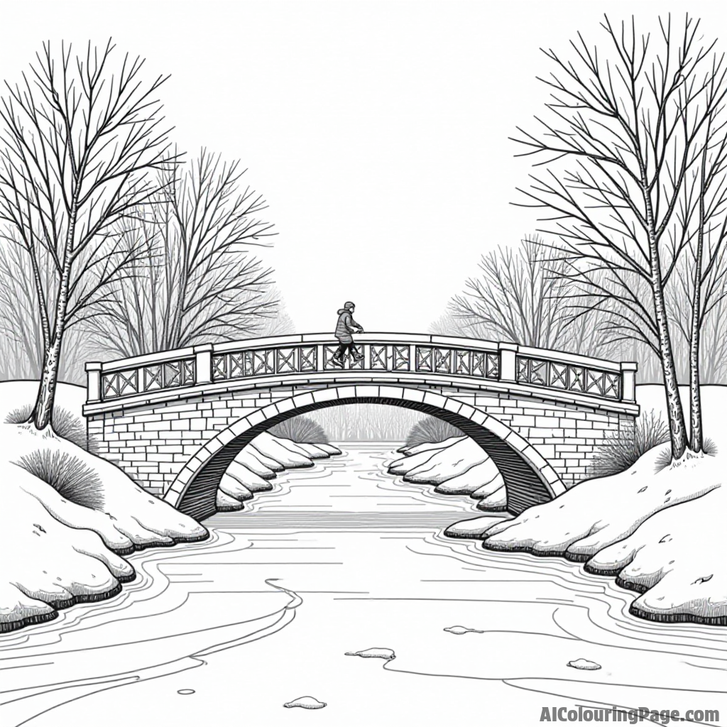 A snow-covered bridge in a winter landscape with a river flowing below and ice skaters having fun nearby.