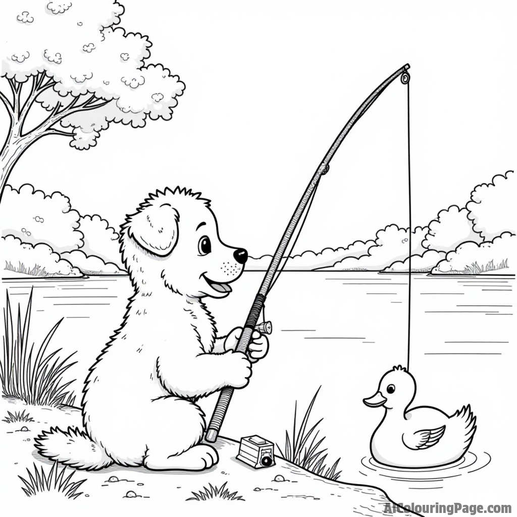 A puppy fishing by a serene lake, with a fishing rod, tackle box, and a friendly duck swimming nearby.