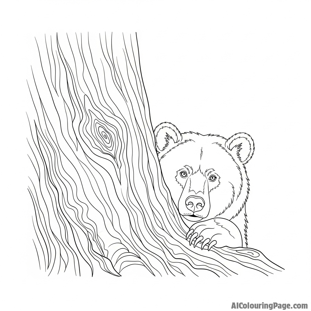 A bear peering out from behind a large, ancient tree.