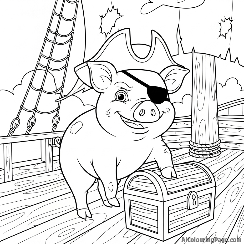 A pirate pig with an eyepatch and a captain's hat, standing on the deck of a ship.