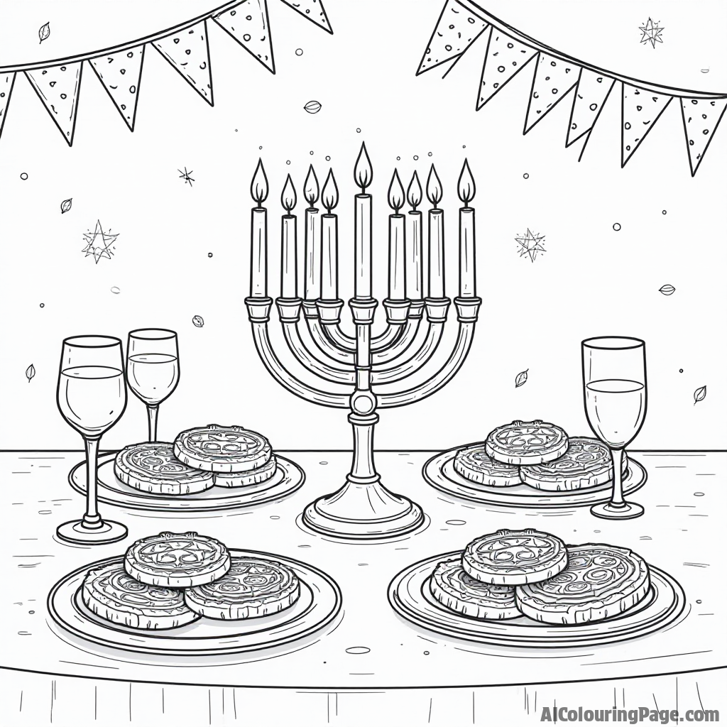 An artistic representation of a Hanukkah table setting with a menorah, plates of latkes, and festive decorations, inviting young artists to color and celebrate this special tradition.