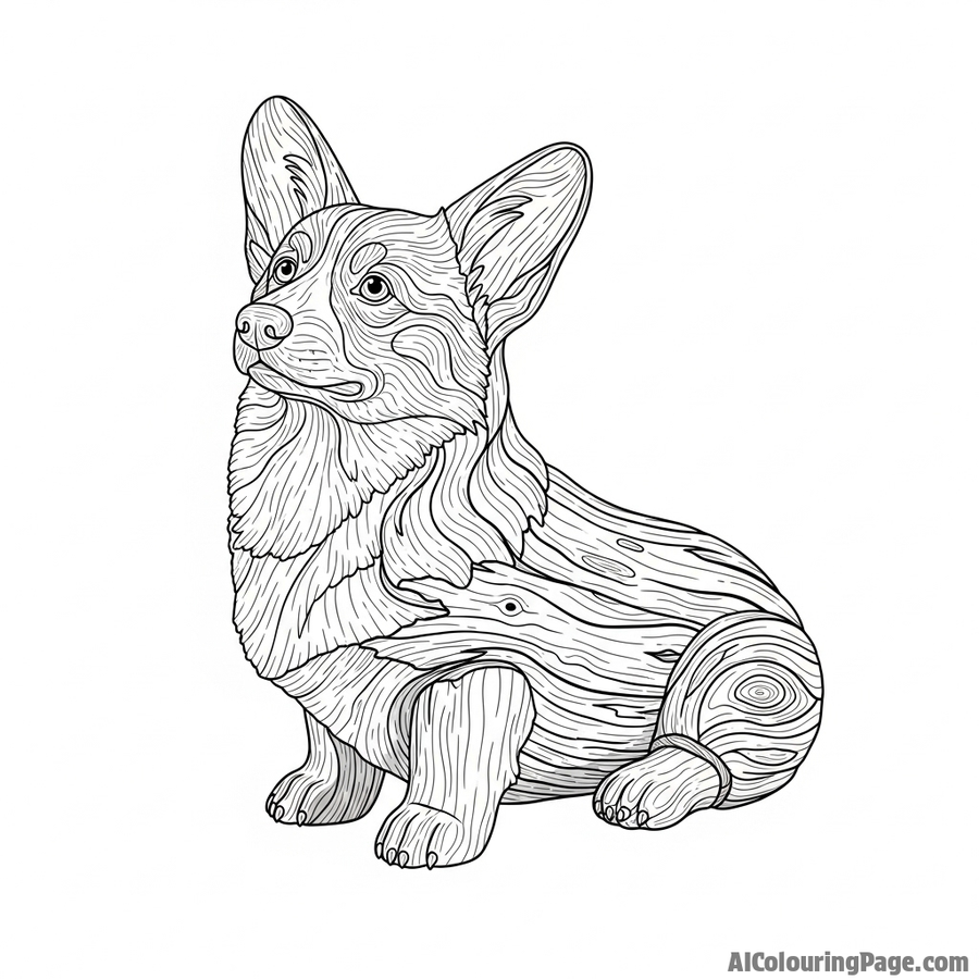 A corgi sculpted from a single piece of weathered driftwood.