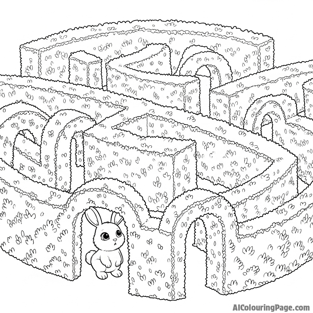 A bunny navigating a complex labyrinth made of tall, sculpted hedges.