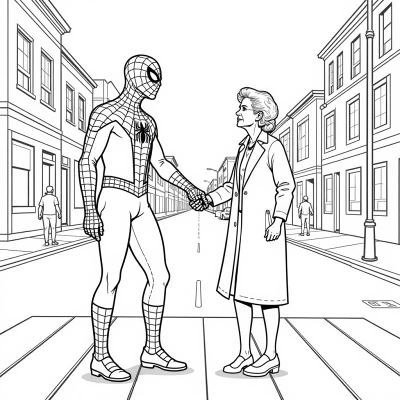 Spiderman helping elderly women coloring page