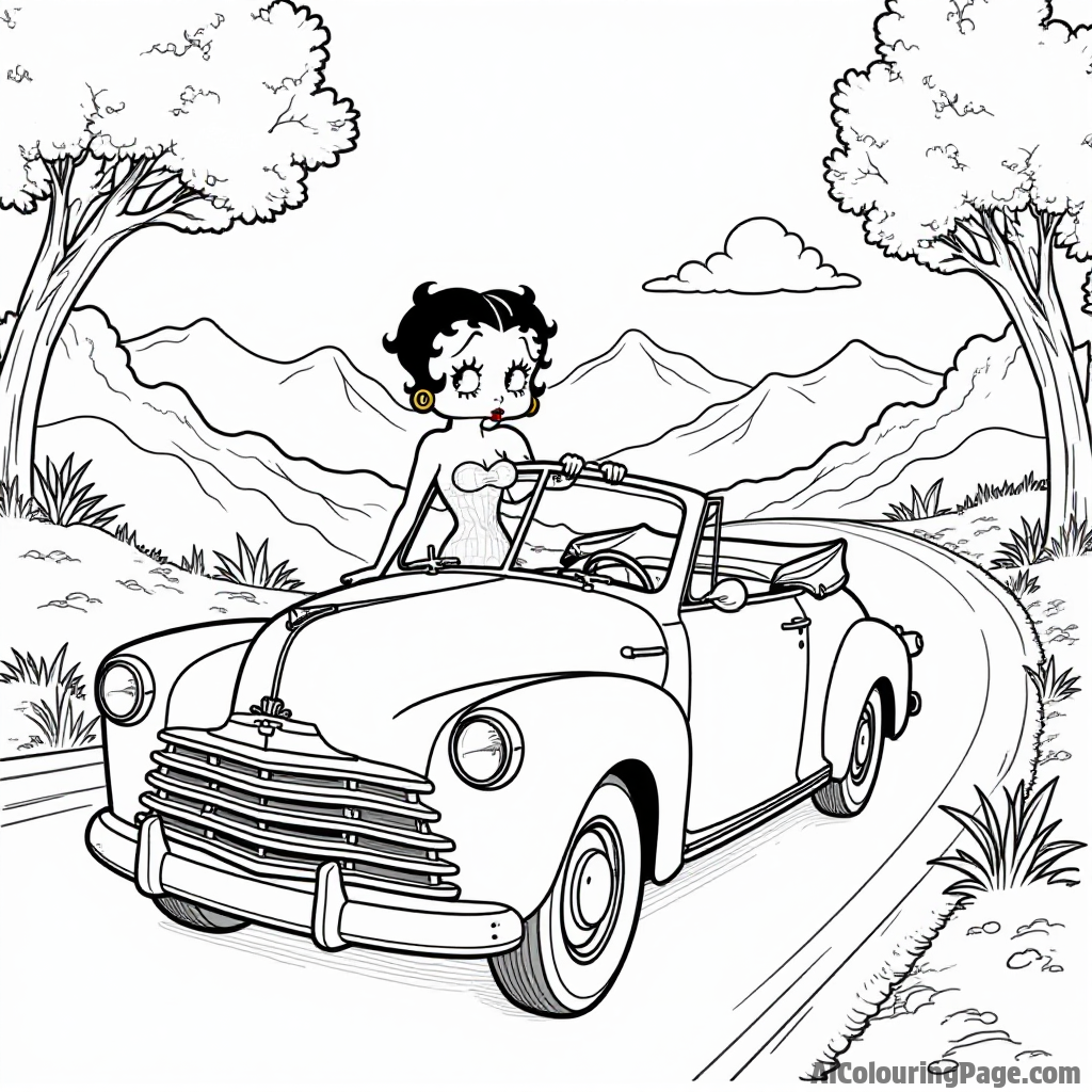 Betty Boop in a vintage car driving along a scenic road with trees and mountains in the background