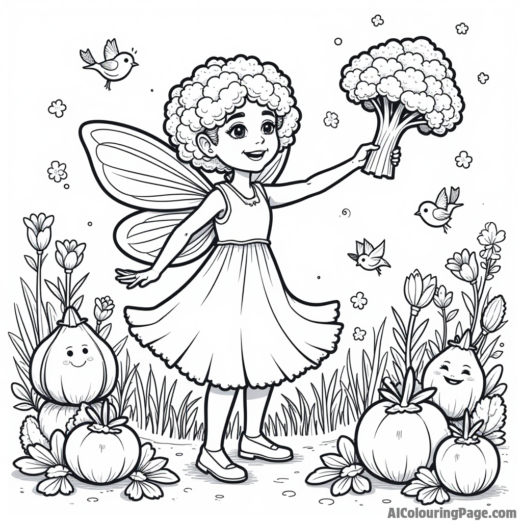 A broccoli fairy sprinkling magic over a garden full of smiling vegetables, with flowers blooming and birds singing nearby.