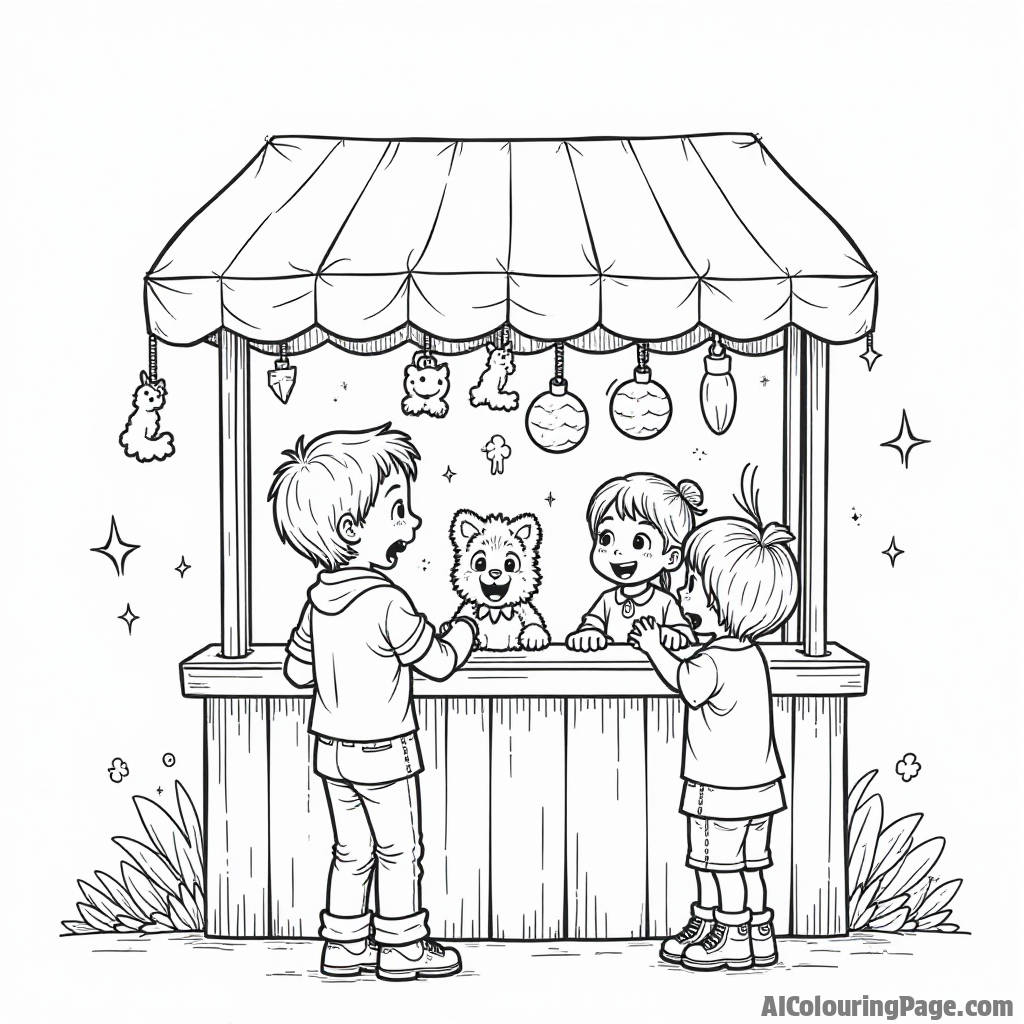 A playful game booth with kids trying to win stuffed animals, colorful prizes hanging, and excited expressions all around, ideal for a Festivals and Traditions Coloring Sheet.