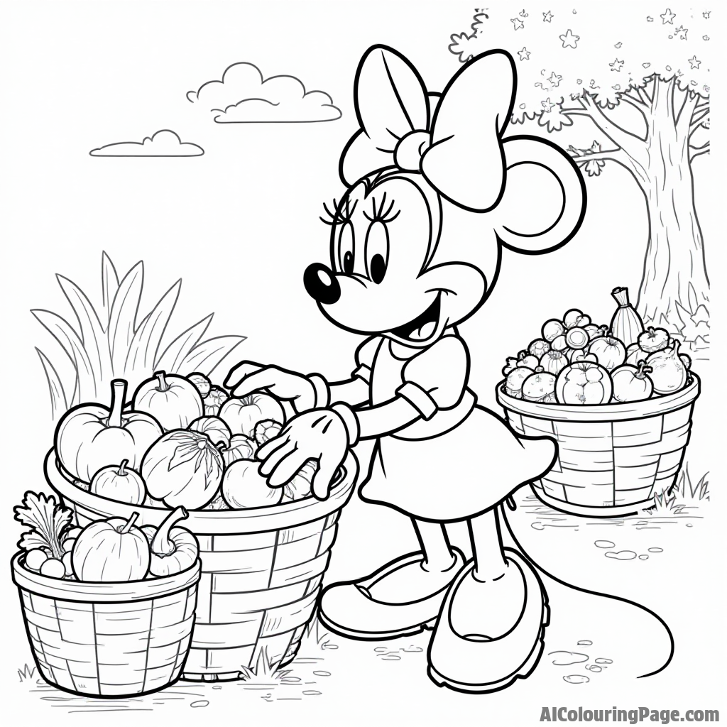 Minnie Mouse at a farmer's market, picking fruits and vegetables, with baskets filled with colorful produce around her