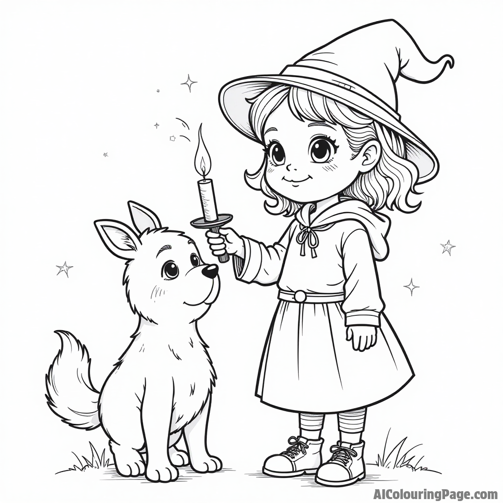 A young girl with magical powers holding a glowing candle while standing next to her talking animal friend