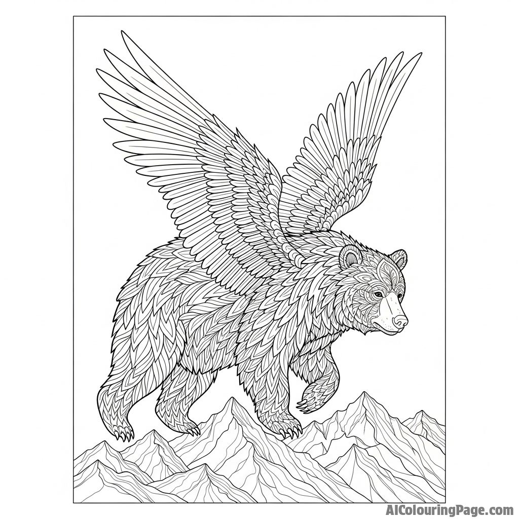 A surrealist image of a bear with intricate, feathery wings, soaring over a mountain range.