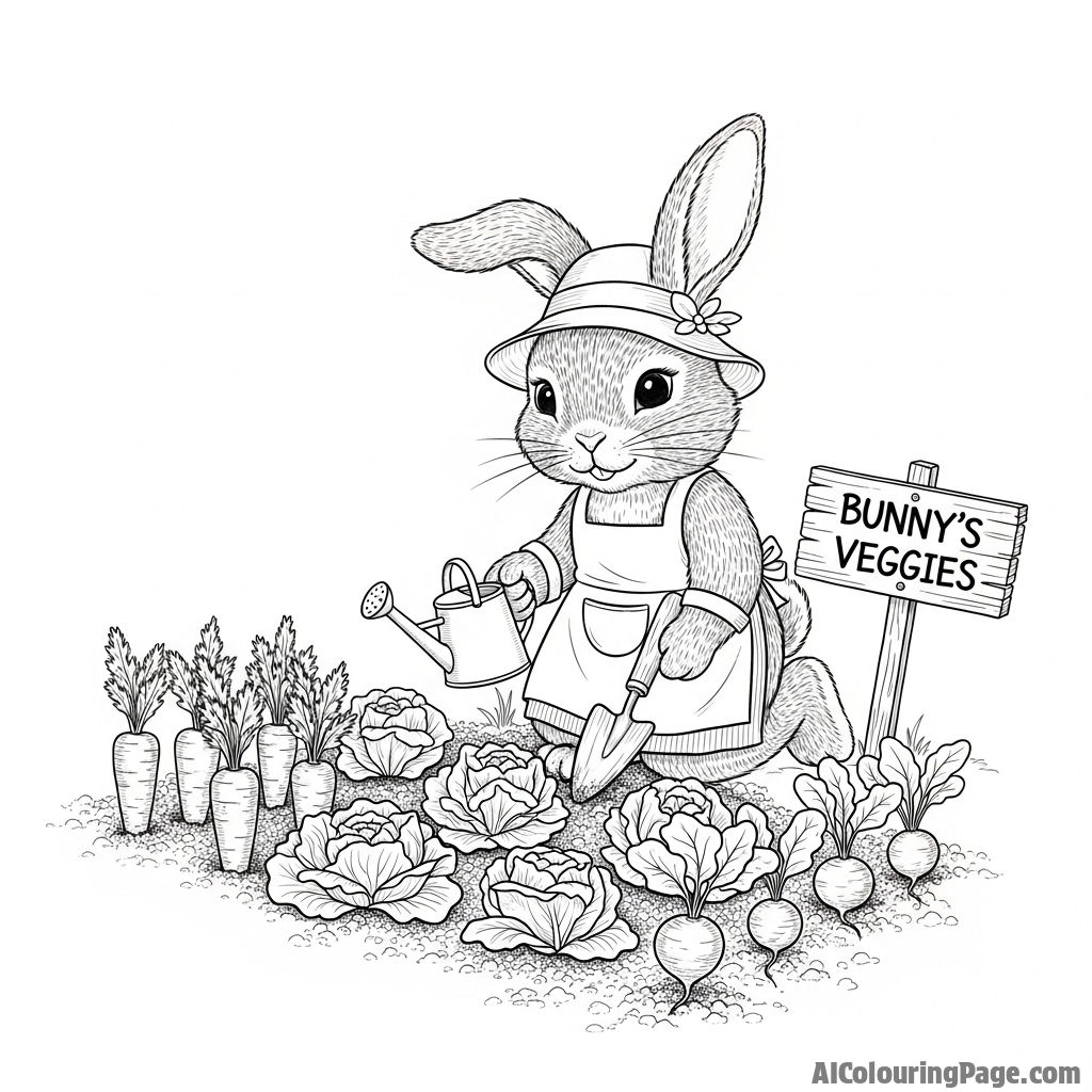 A detailed ink drawing of a bunny tending to its own small vegetable patch.