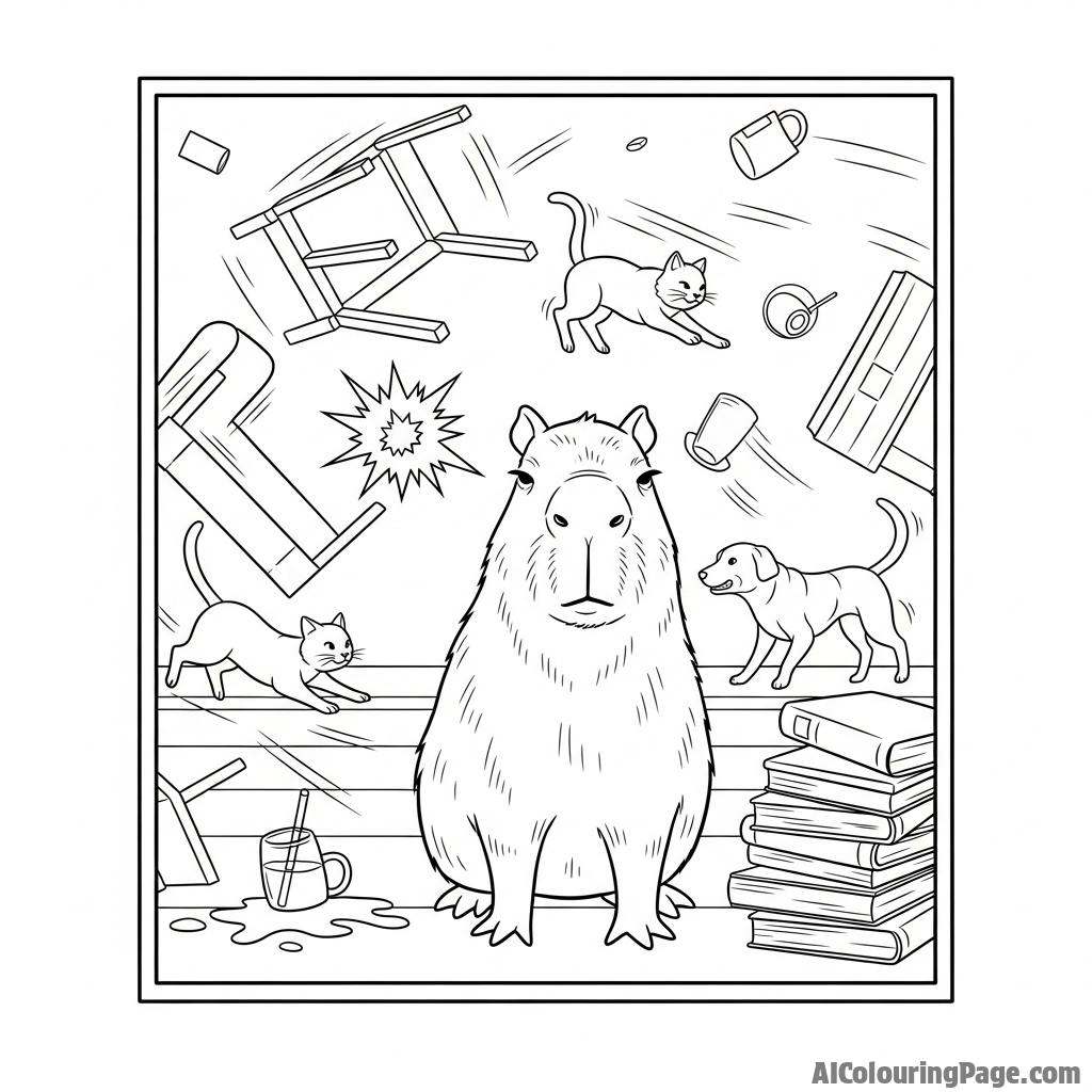 A comic strip panel showing a capybara's deadpan reaction to chaos.