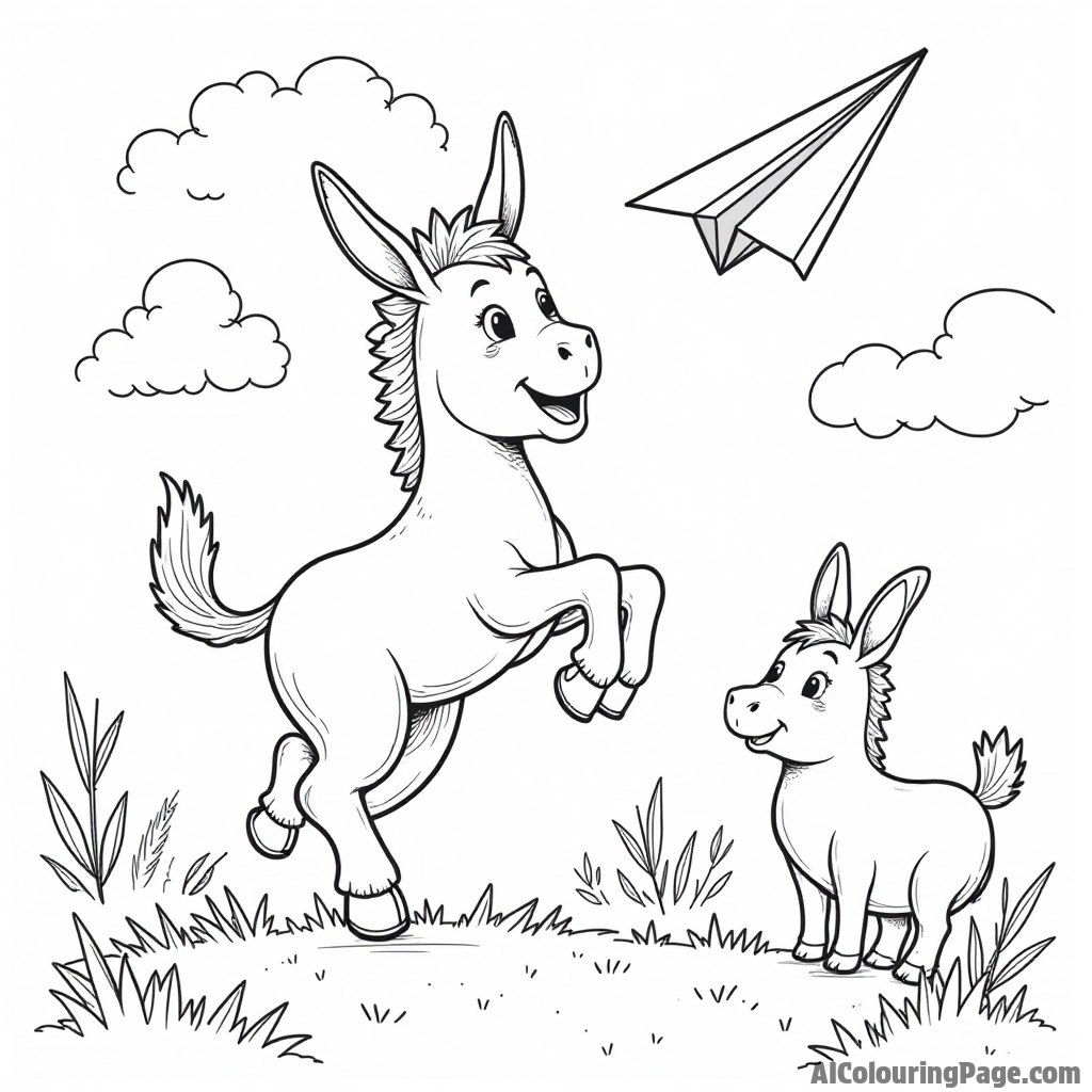 A donkey flying a paper airplane, with a joyful expression while other animals watch from below in a grassy field