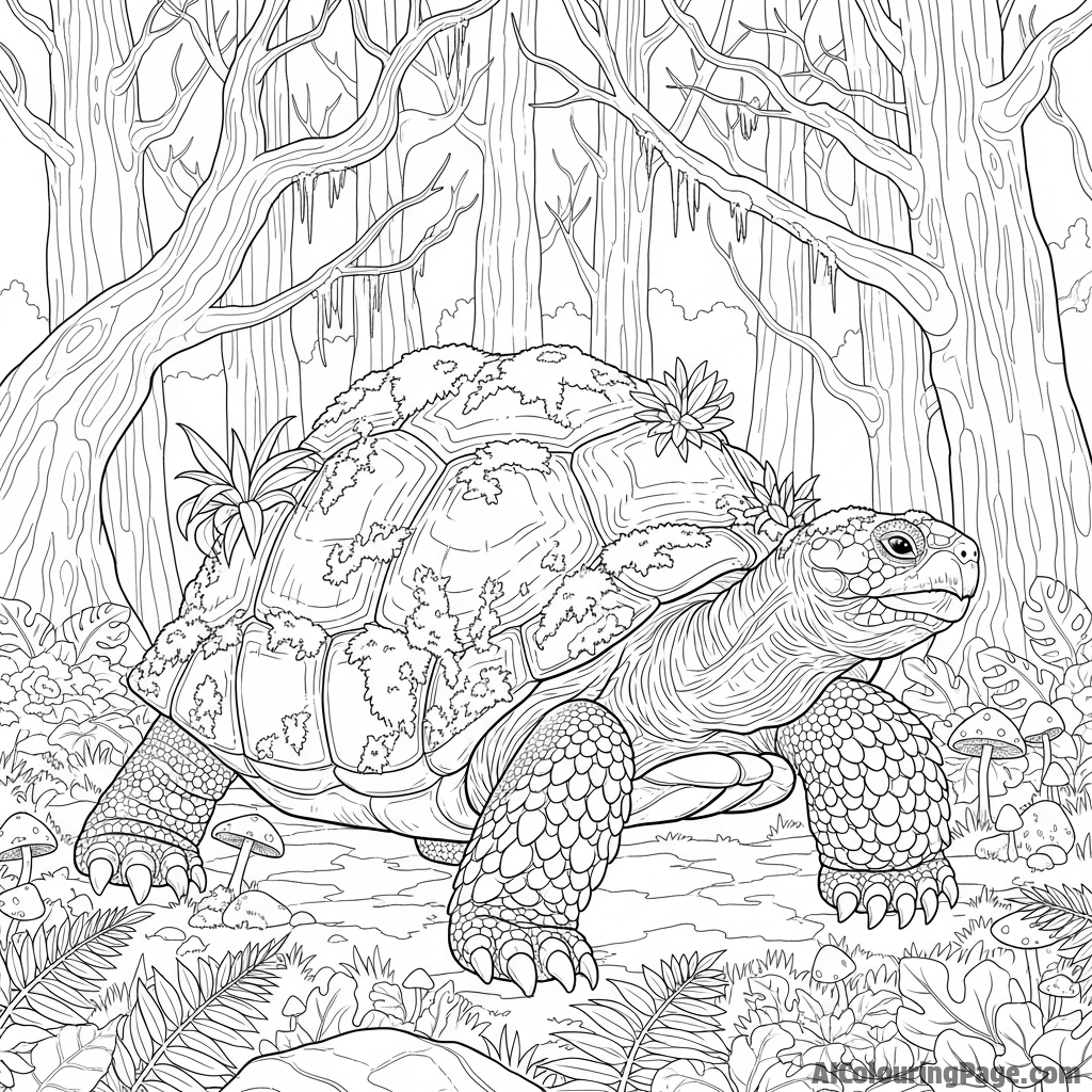 An ancient, moss-covered tortoise lumbering through a dense forest.