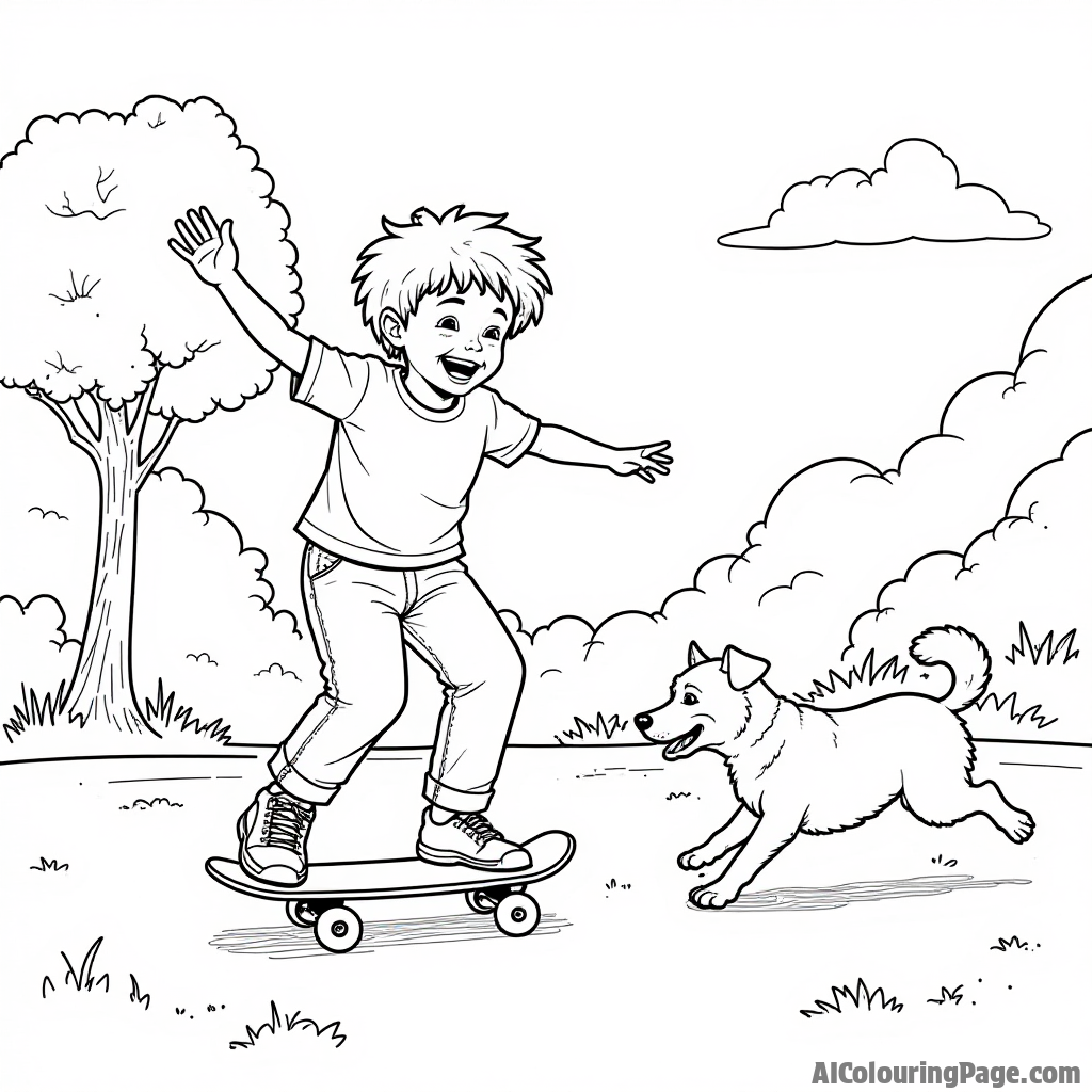 A joyful child performing tricks on a skateboard in a park, surrounded by trees and a playful dog chasing after a frisbee, all designed for easy coloring in black and white.