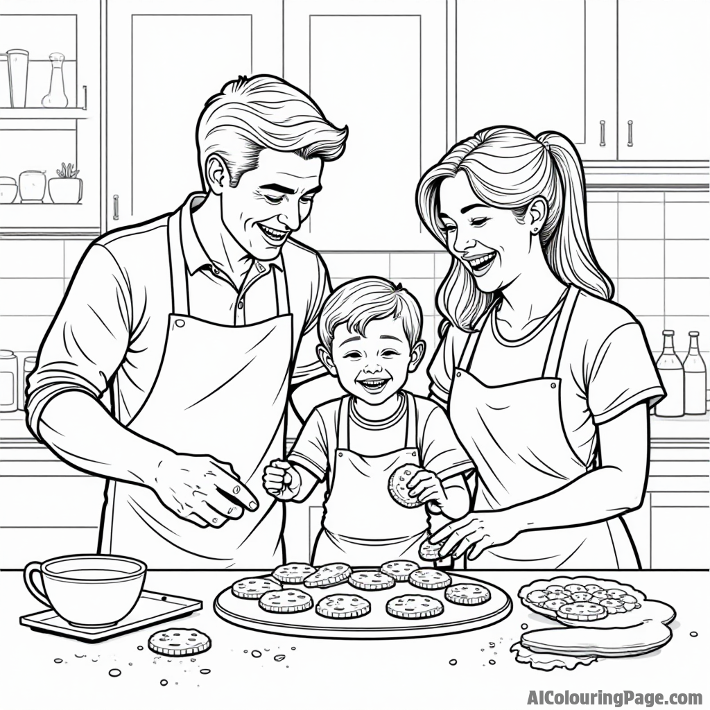 A family baking cookies together in the kitchen, with laughter and flour flying everywhere as they create delicious treats.