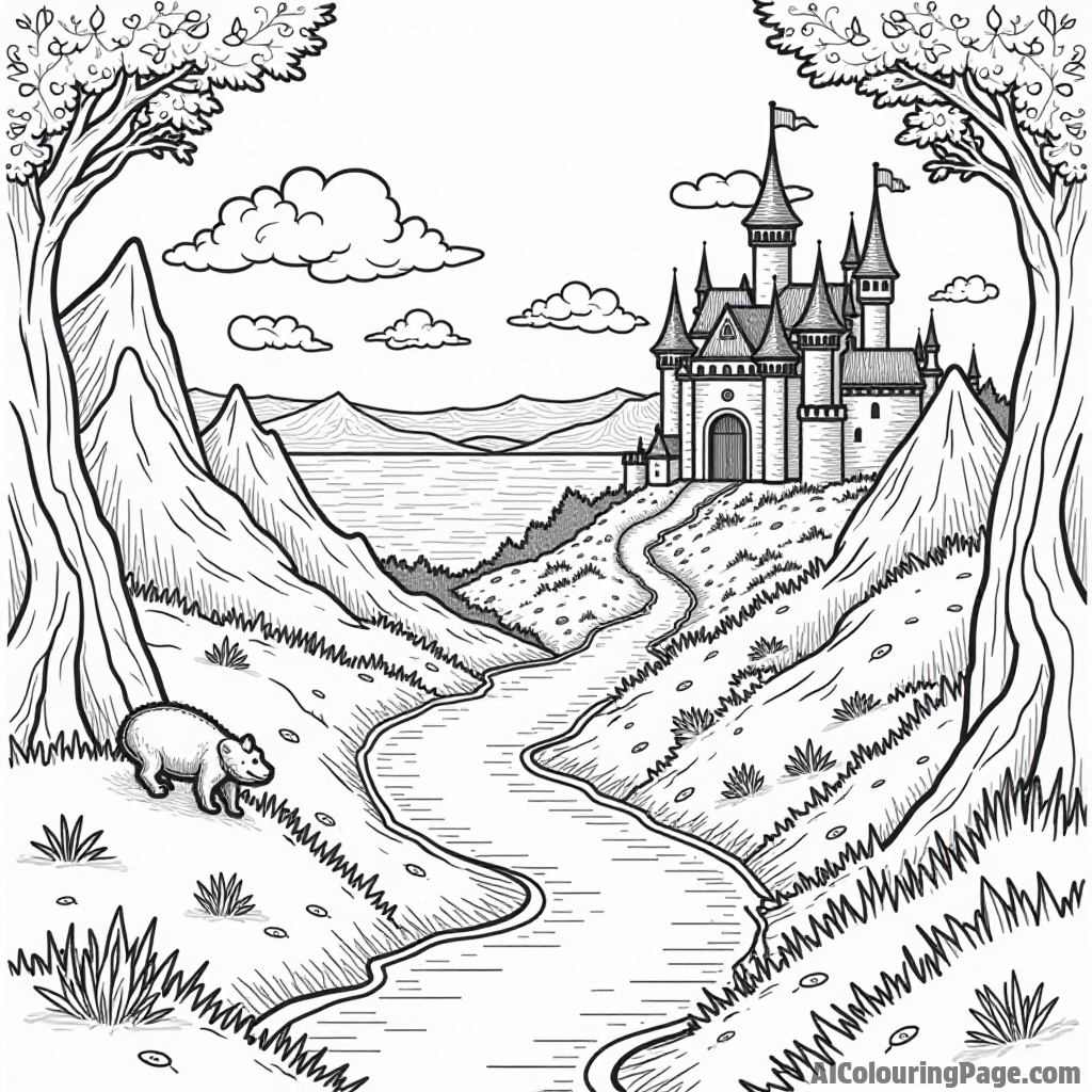 A magical map with footprints leading to a hidden treasure in a mystical land filled with castles and creatures.