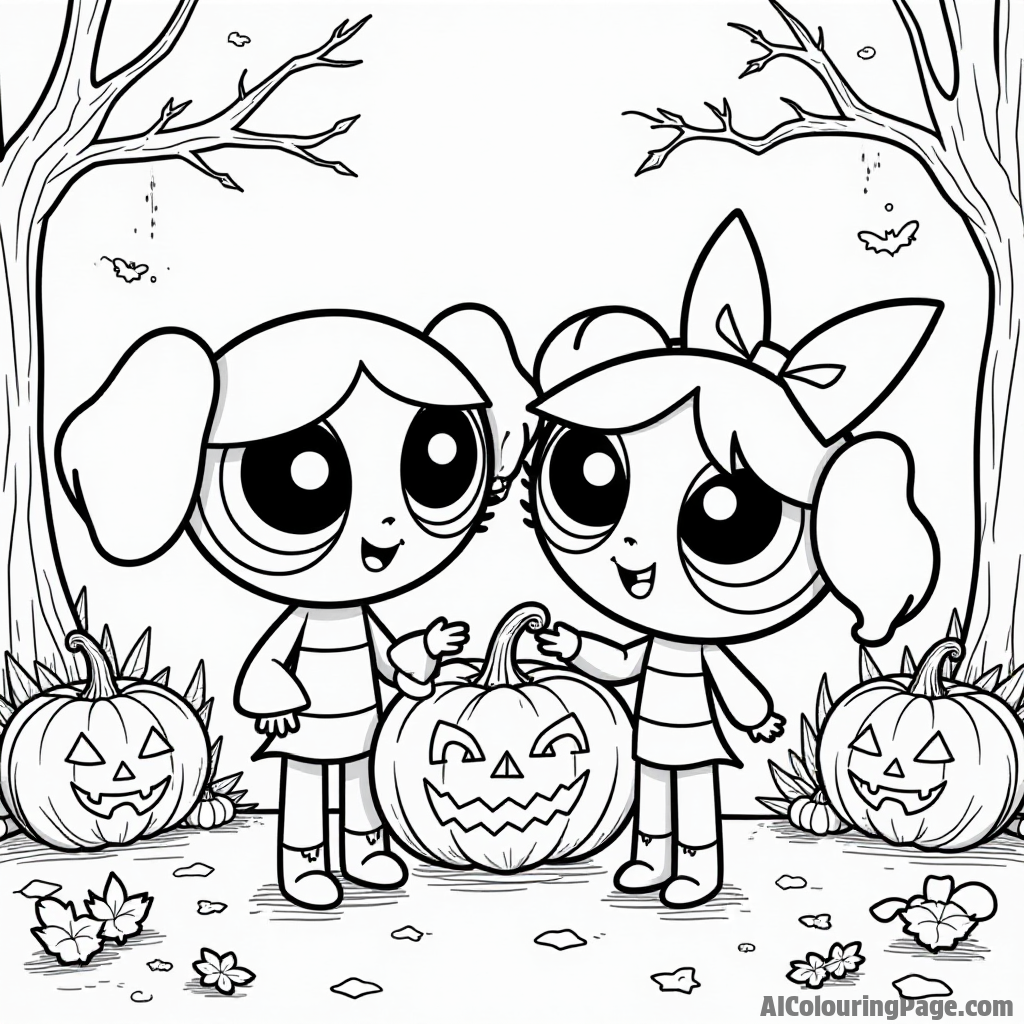 The Powerpuff Girls dressing up for Halloween, with costumes, pumpkins, and spooky decorations surrounding them in a fun scene