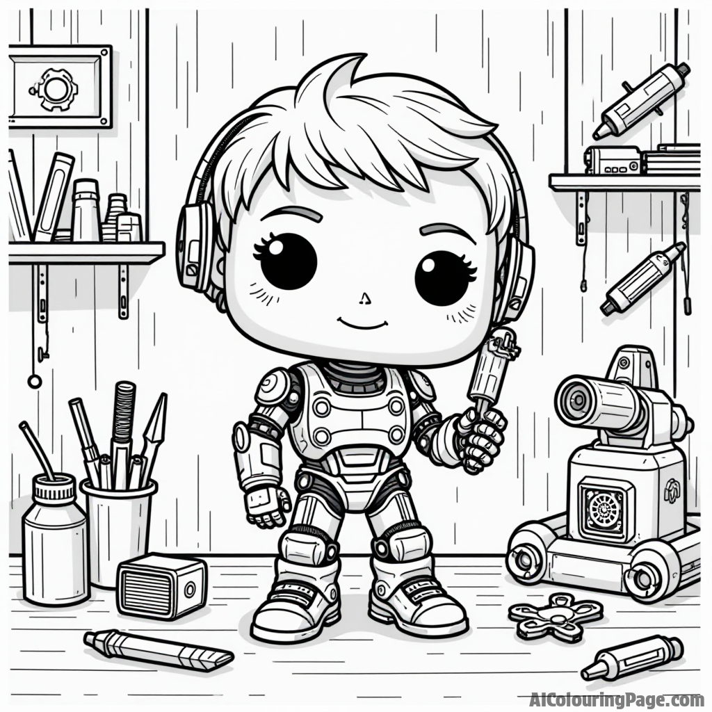 A Funko Pop style robot building toys with a happy child in a workshop, surrounded by colorful tools and gadgets, creating a creative scene for kids to color and inspire imagination.