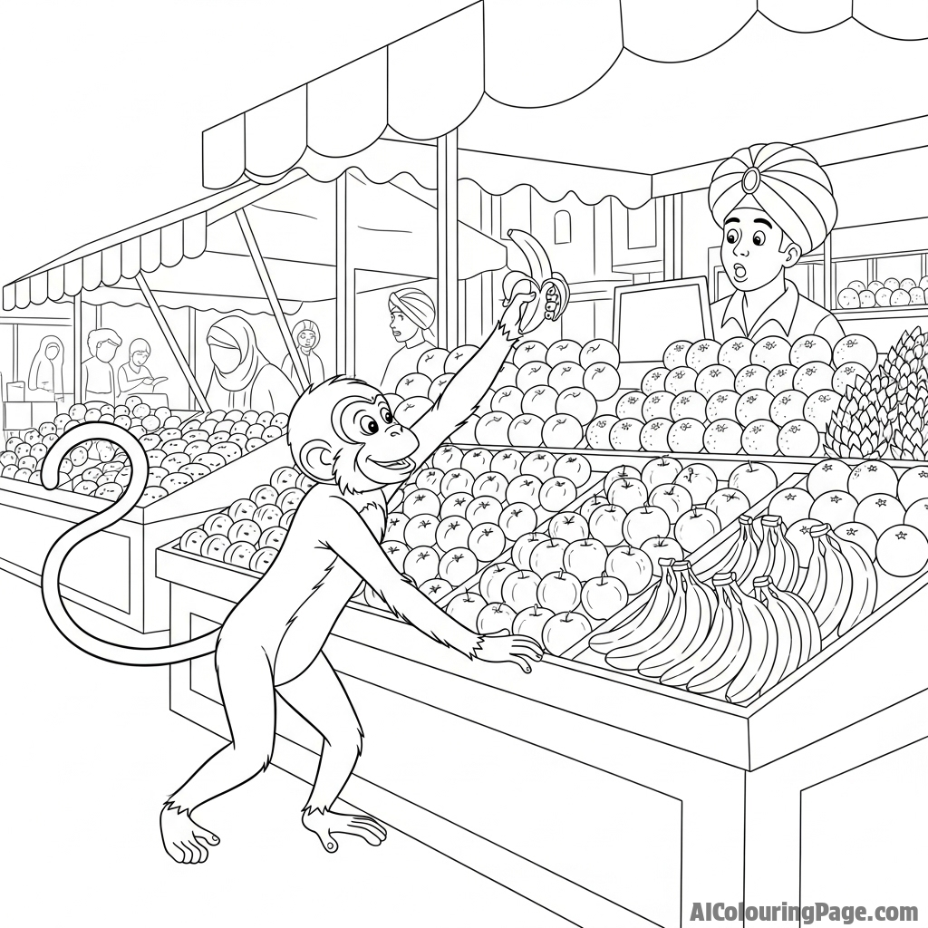 A mischievous monkey attempting to steal fruit from a stand in a bustling market.