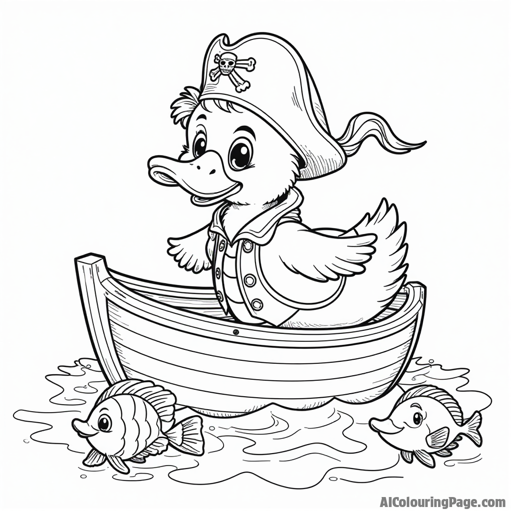 A duck dressed as a pirate sailing on a small boat with treasure maps and friendly fish swimming below.