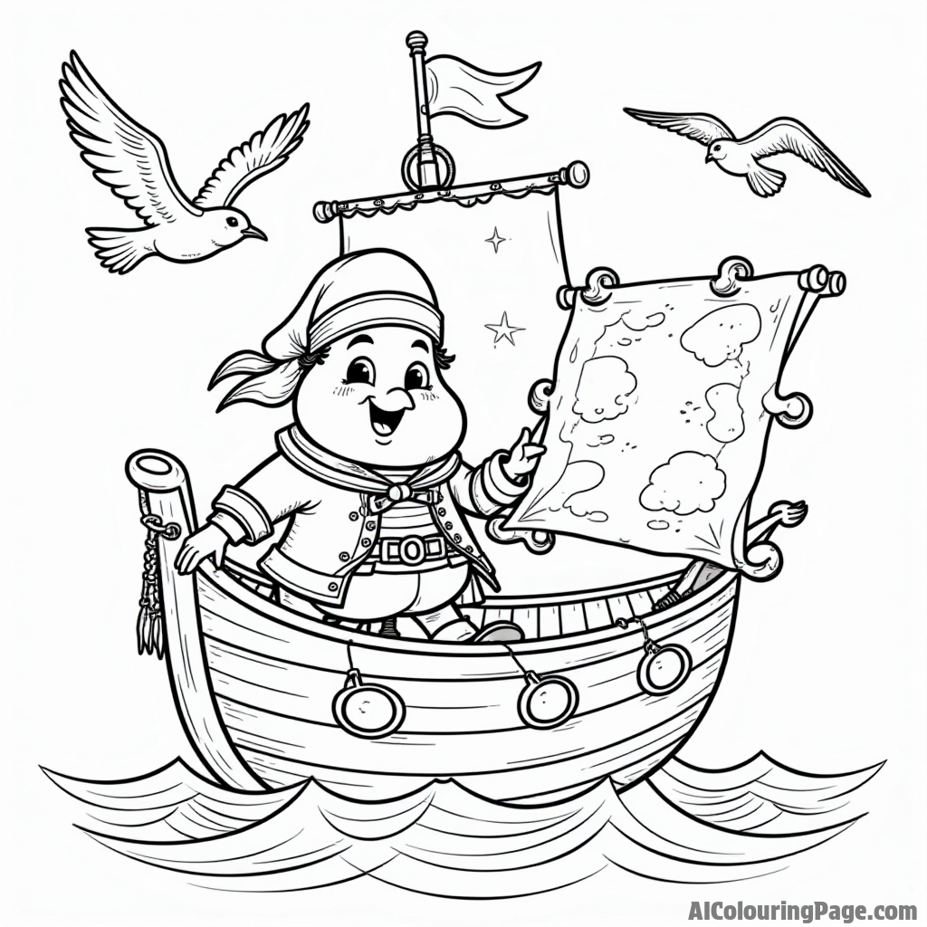 A pear pirate sailing on a ship with a treasure map, surrounded by seagulls and waves, perfect for adventurous coloring.