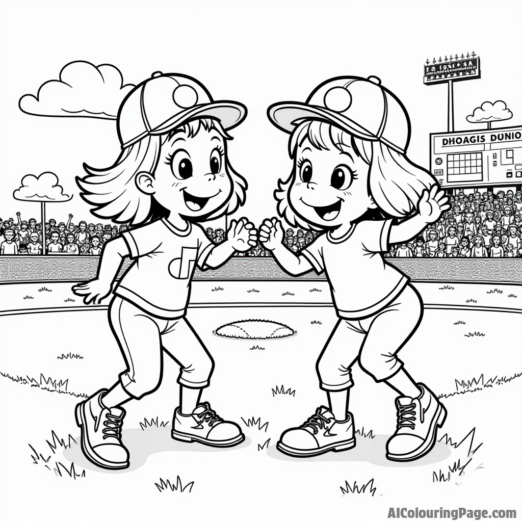 Peppermint Patty and Marcie playing baseball on a grassy field with a scoreboard and a cheering crowd nearby