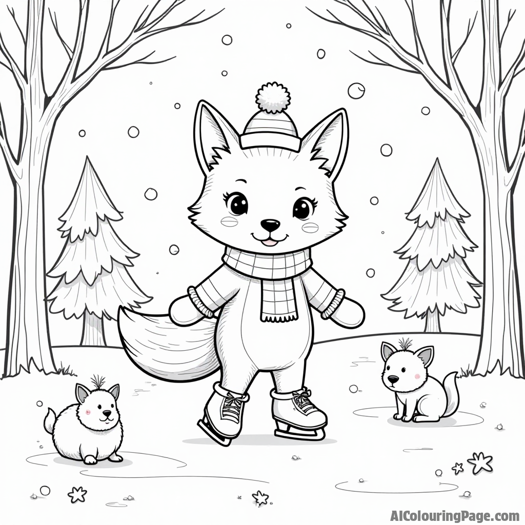 A cute fox ice skating in a snowy forest, wearing a little hat and mittens, with trees and tiny animals watching, offering a whimsical scene for kids to bring to life.