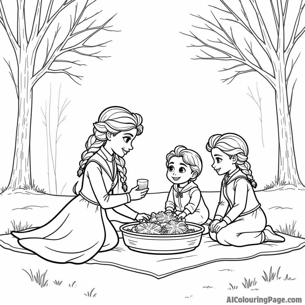 Elsa and her friends having a winter picnic on the snow