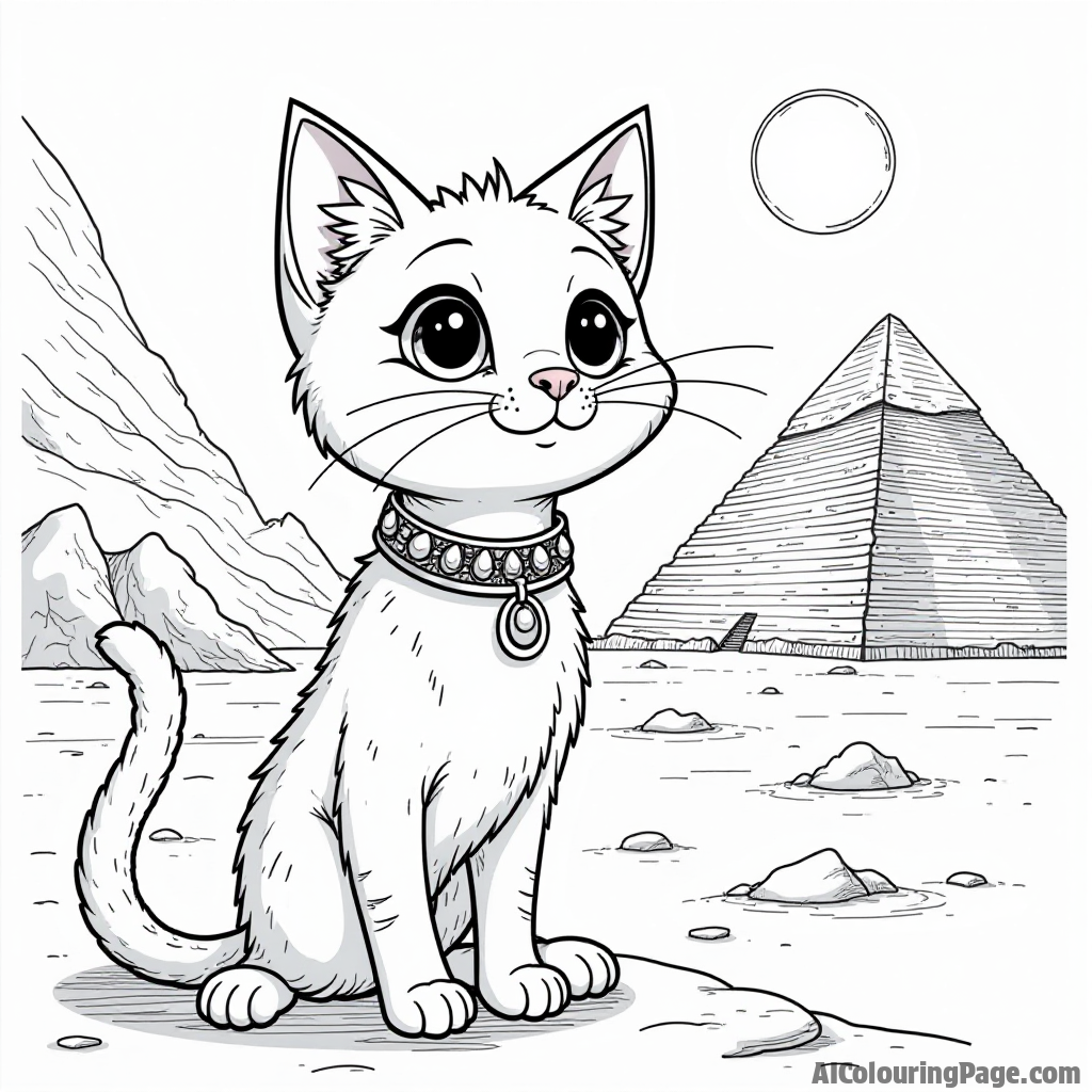 A whimsical depiction of a talking cat in ancient Egypt, wearing a collar adorned with jewels, exploring the pyramids, encouraging kids to use their imagination while coloring and learning.