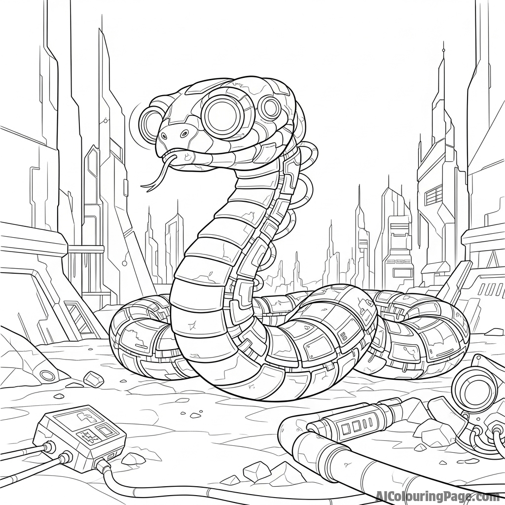 A robotic snake with glowing optic sensors, patrolling a desolate, futuristic landscape.