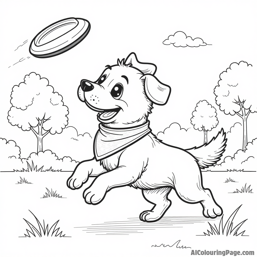 A cute dog wearing a bandana playing fetch at the park with a frisbee in the air and trees in the background.