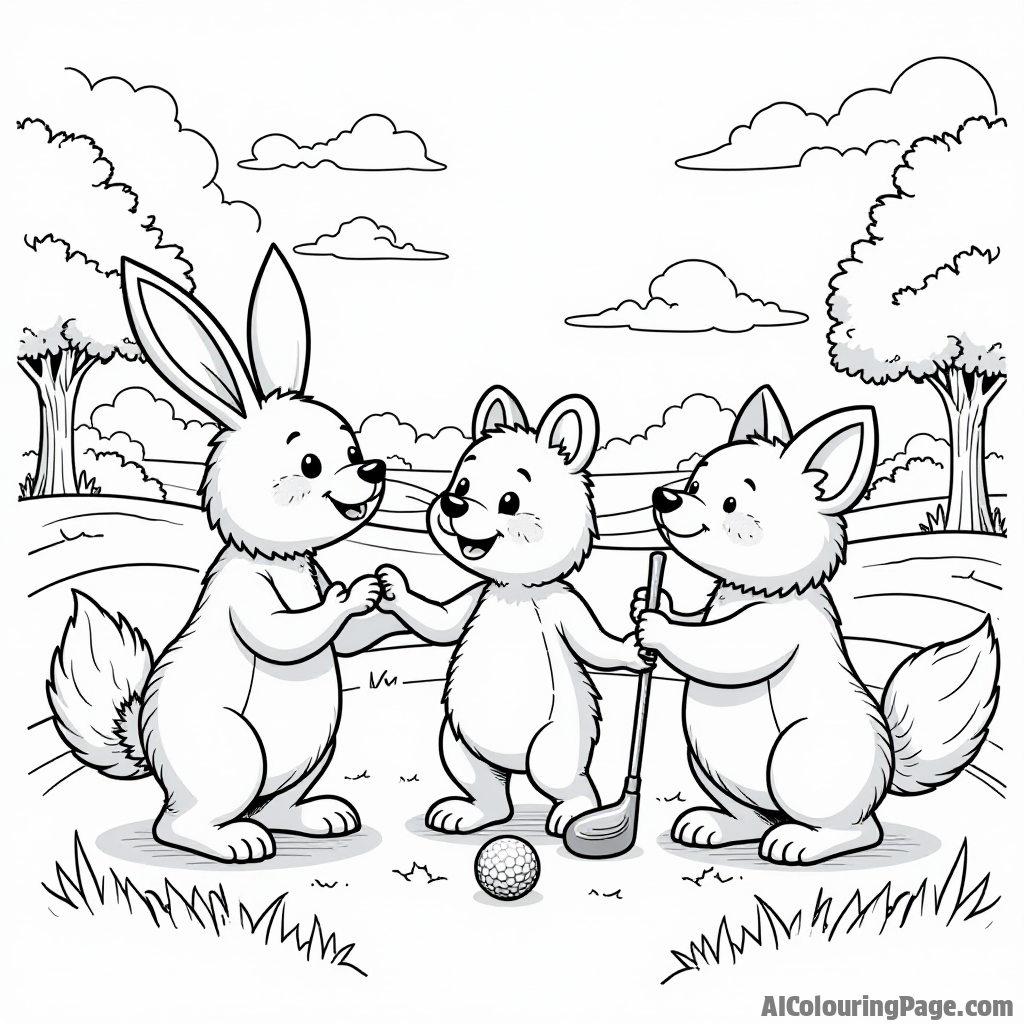 A vibrant golf course scene featuring a group of animals playing together, with a rabbit, a bear, and a fox, each holding their own golf clubs for coloring fun.