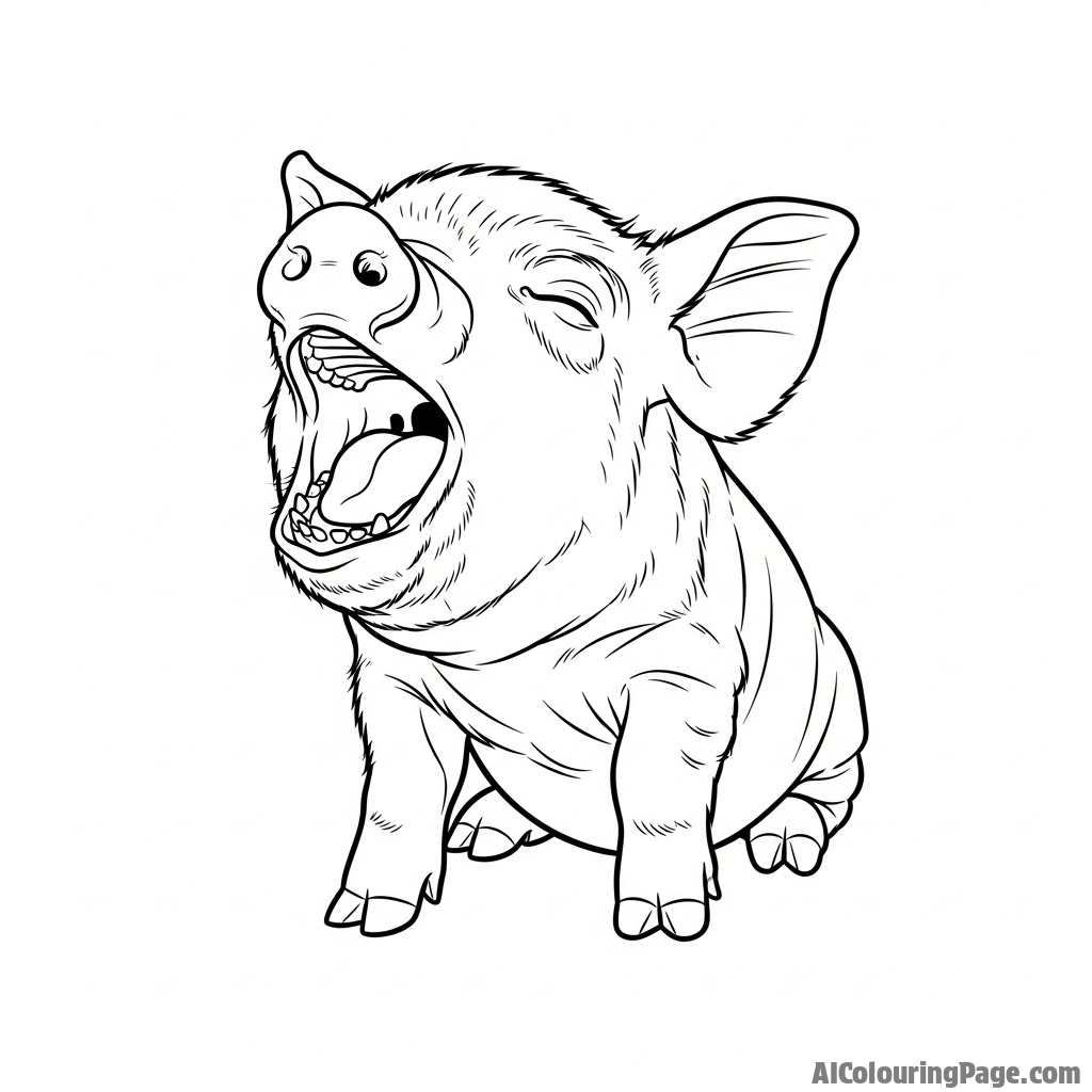 A piglet yawning widely, showcasing its tiny teeth.