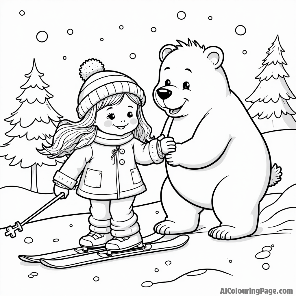 A little girl skiing alongside a friendly bear, with snowflakes falling and cheerful trees in the background, capturing the joy of winter sports for kids to enjoy coloring.