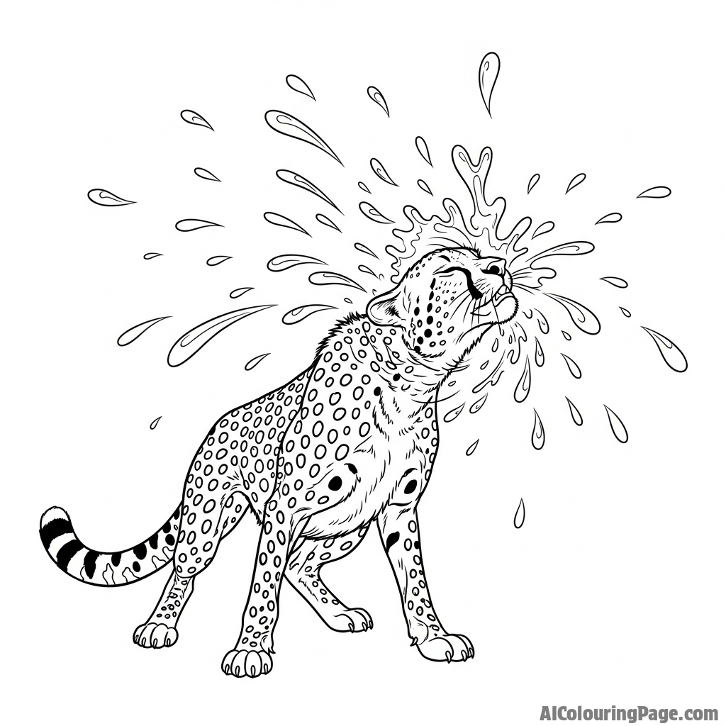A cheetah shaking its head, sending a spray of water droplets flying after a drink.