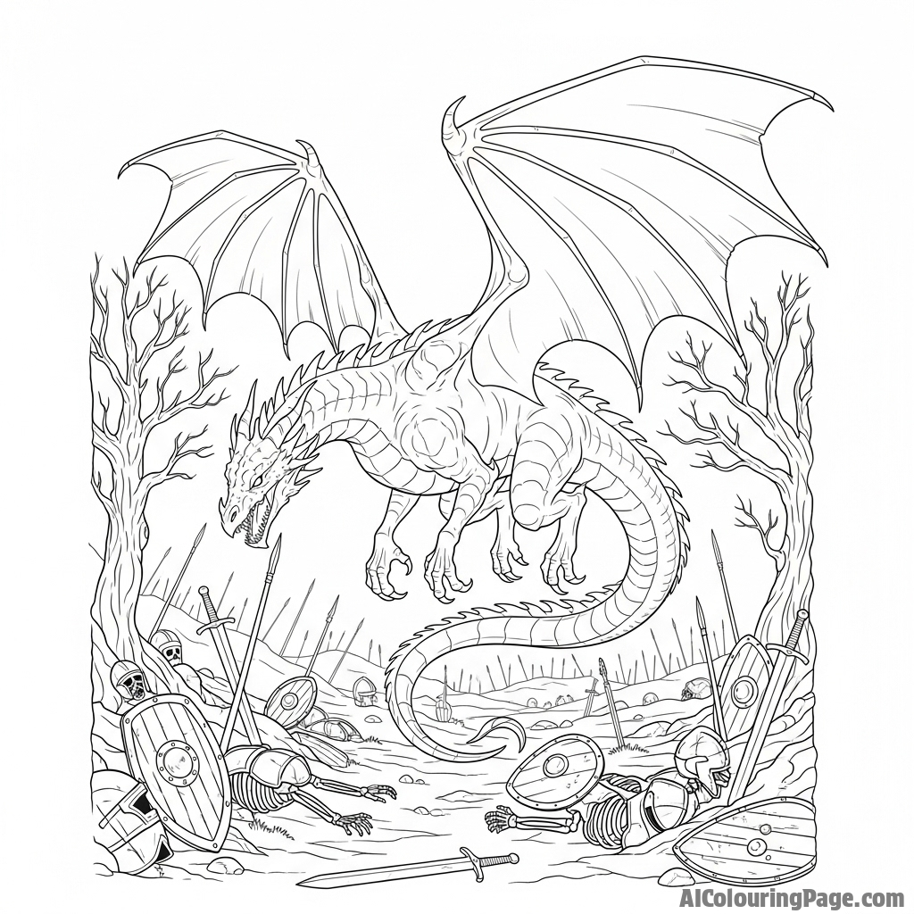 A ghostly, translucent dragon haunting an old battlefield.