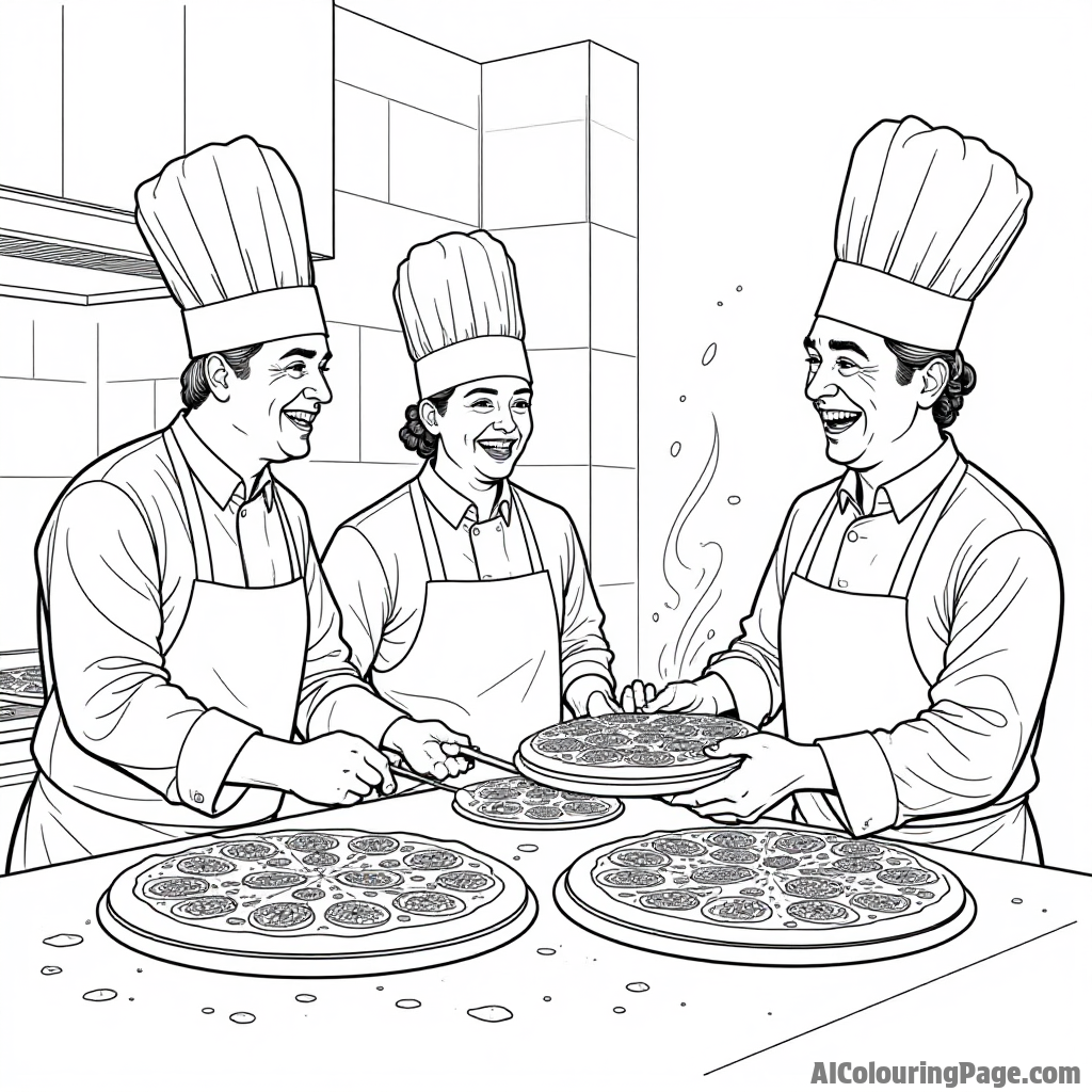 A busy pizza kitchen with various chefs preparing different pizzas, flour flying, and laughter filling the air, creating a lively scene.