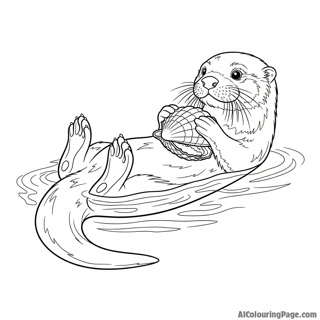 An otter cracking open a shellfish on its belly using a rock.