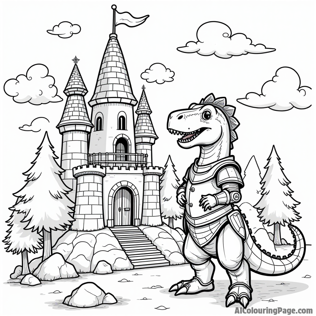 A brave dinosaur knight in shining armor standing guard at a castle made of colorful rocks and trees.