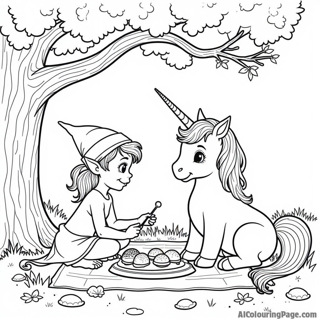 An elf and a unicorn sharing a picnic under a magical tree, with delicious treats spread out, inviting children to color this whimsical fantasy scene in black and white.